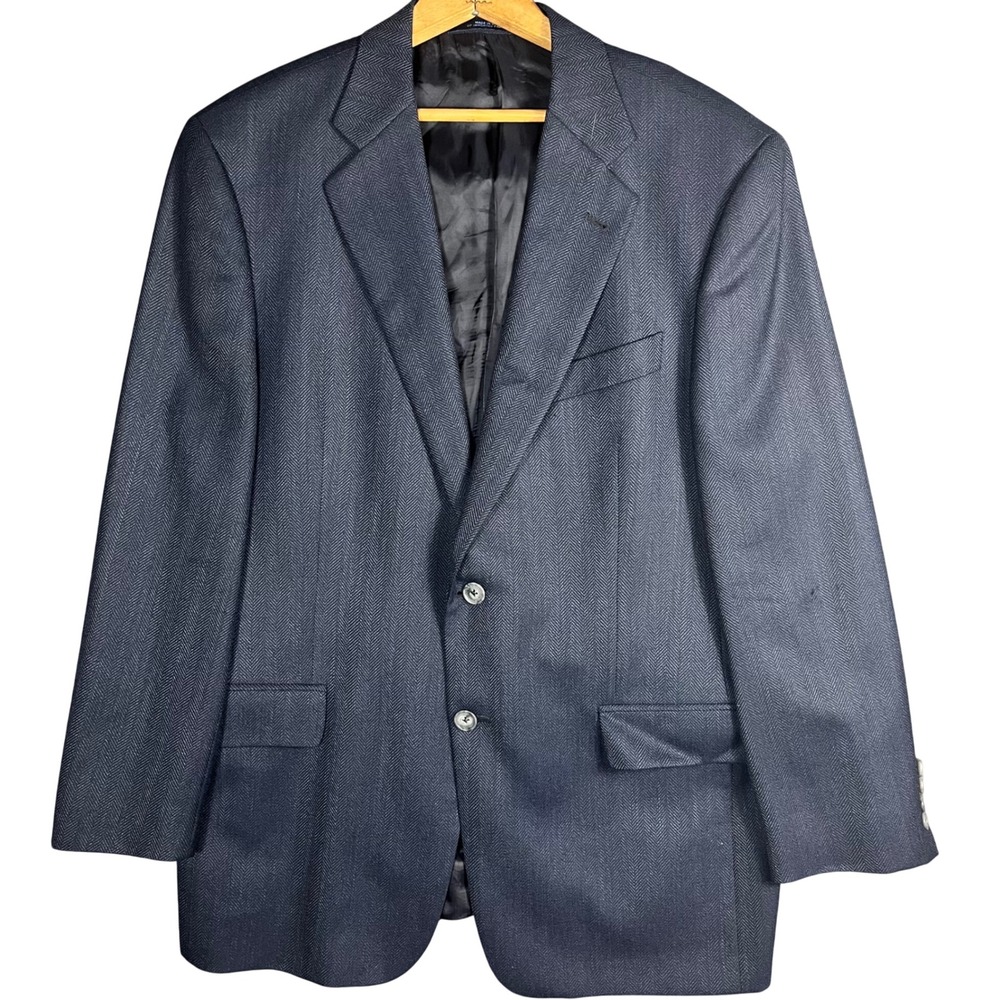 Joseph Abboud Sport Coat Mens 42R Navy Blue Herringbone Worsted Wool Blazer